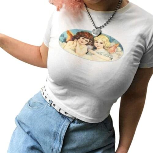 Women Angel Graphic Printed T-Shirt Sexy Slim Fit Short Sleeve Navel Crop Top A0NF