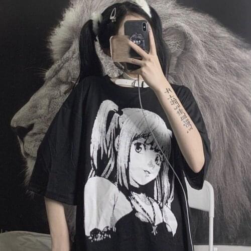 Hip Hop Streetwear Harajuku Woman Black Top T-shirt Vintage Retro Japanese Style Anime Girl 2020 Summer Tee Tops Clothes