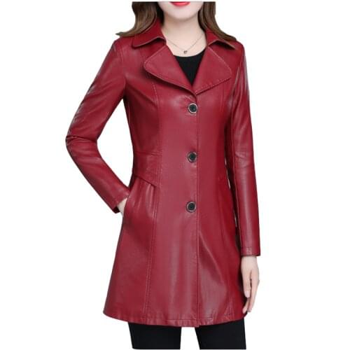 Autumn winter new leather jacket Plus size Korean Medium length lapel womens coat Slim pu leather windbreaker jackets overcoat