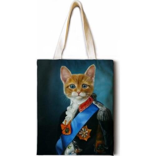 Oil painting dog cotton and linen handbag fashion shoulder bag ladies leisure ecological shopping high quality foldable handbag