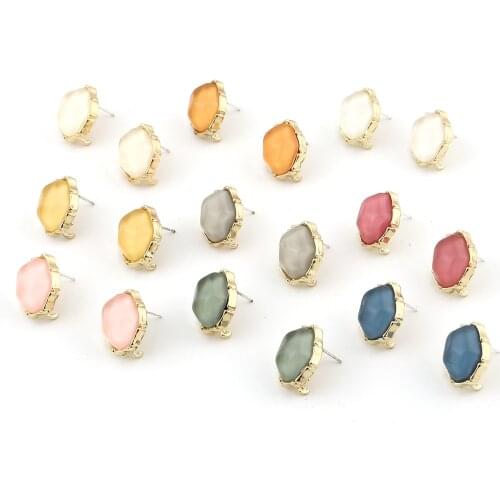 Fashion Zinc Based Alloy & Acrylic Ear Post Stud Earrings Findings Oval Gold Plated Dark Green W/ Loop 17mm x 14mm, 2 Pairs