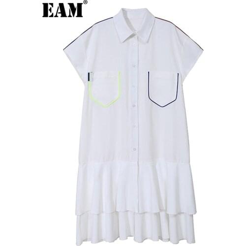 [EAM] Women White Ruffles Big Size Midi Shirt Dress New Lapel Short Sleeve Loose Fit Fashion Tide Spring Summer 2021 1DD5778