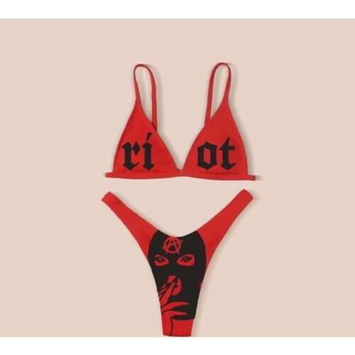 2021 New Women’s Funny Printed 2Pcs Bikini Suits Deep V-neck Detachable Breast Pad Sling Tops with Triangle Bottoms Swimsuits