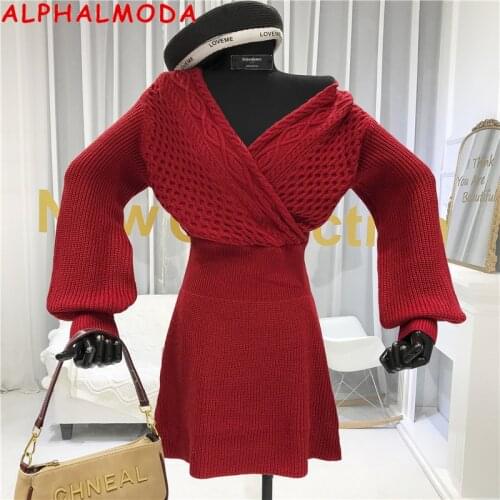 ALPHALMODA 2020 Spring New Twisted Slim Dress Women Feminine V-neck High Waist Knit Solid Dress