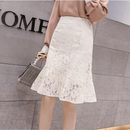High waist black fishtail skirt 2020 Spring summer womens new lace Medium and long section ruffled a word bag hip skirt female