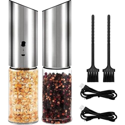 2Pcs Electric Pepper Grinder,USB Charging Adjustable Coarse Grain, Capacity 170Ml,Stainless Steel Refillable Grinder