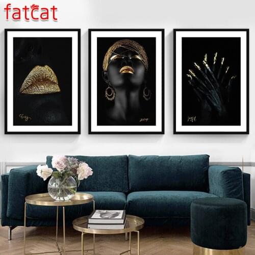 FATCAT Diy Diamond Painting 5D Full drill mosaic Diamond Embroidery Black African Womans Golden Match Wall Art 3pcs/set AE1032