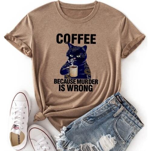 Coffee Cat Funny Print Colored Cotton T-shirt Women Casual Short Sleeve Tshirt Cute Animal Graphic Harajuku Tee Shirt