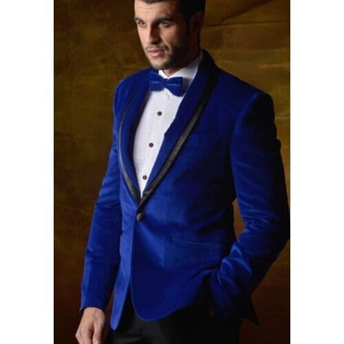 Handsome Blue Velvet Mens Suits Groom Tuxedos Groomsmen Wedding Party Dinner Man Suits Blazer (Jacket+Pants+Girdle+Tie) NO:379