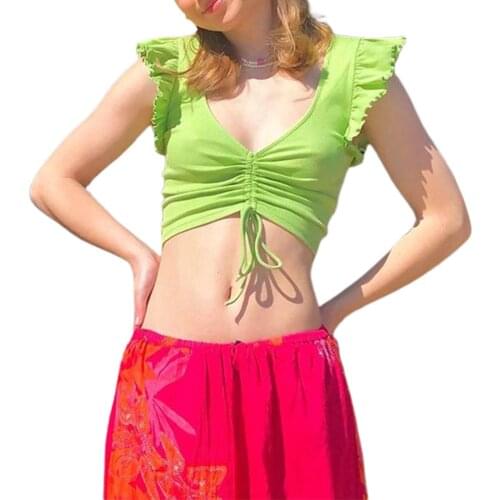 2021 Summer Womens Fashion Solid Color Vest Sexy Drawstring Exposed Navel Ruffles Sleeveless Tops