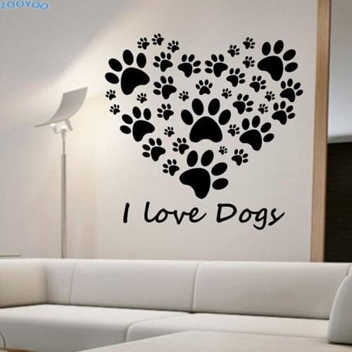 ZOOYOO I Love Dogs Paw Wall Sticker Removable Heart Home Decor Living Room Wall Decals Bedroom Decoration For Kids
