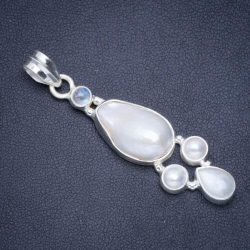Natural River Pearl and Rainbow Moonstone Handmade Unique 925 Sterling Silver Pendant 2.25" A0290