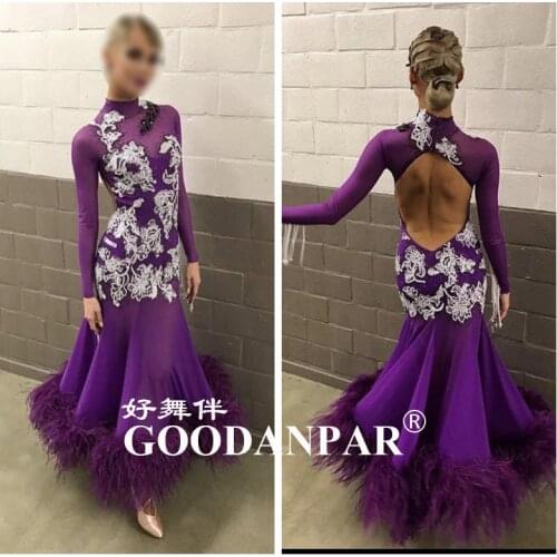 New! costumes ballroom dance dress for women competition dresses standard dresspurple dancing clothes long sleeveostrich feather