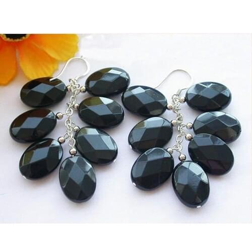 New Arrival Favorite Pearl Earrings Excellent 18mm Ellipse Black Faceted Bead Agate Dangle Earring S925 Sterling Silver Hook