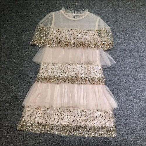 Runway Luxury Fashion Sequin Splicing Mesh Cake Mini Dresses 2020 Brand Design Ruffles Beaded Short Sleeve Dress Party Clothes