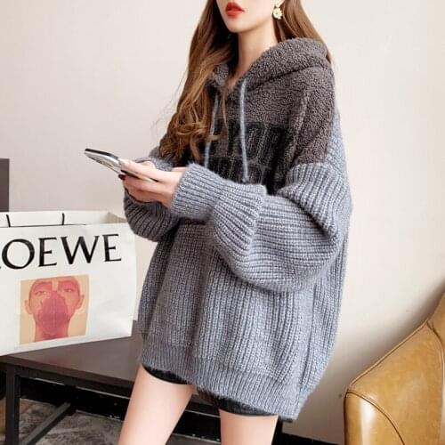 Pullovers Spring Women Autumn 2021 Knitted Hooded Imitation Lamb Wool Splicing Sweaters Korean Pullovers Knitted Loose Outwear
