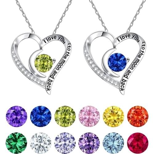 I Love You To The Moon And Back Heart Pendant Necklace 12 Colors Birthstone Crystal Necklaces For Women Girls Birthday Gift