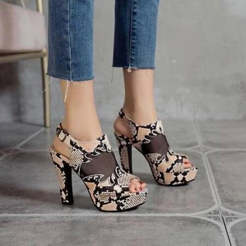 Spring summer new Fish mouth fashion High heels Net yarn Leopard Open toe Party Womens sandals high 11.5cm plus size 34-50