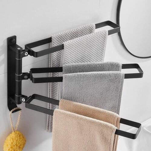 Towel Rack Rotating Towel Bar Space Aluminium Activity Towel Rack Punching-free Wall-hung Black Silver Bathroom Storage Rack