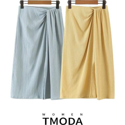 TMODA1459 Za 2021 Summer Women Fashion Elastic Waist Folds Skirt Lady Vintage Yellow Jupe Split Skirts Female Chic Skirt