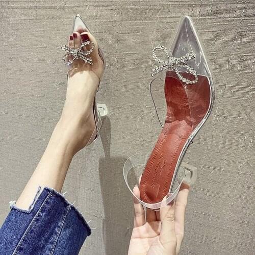 2021 Summer New Womens Shoes Pointed Toe Sexy Transparent Bow Rhinestone Wine Glass High Heel Sandals