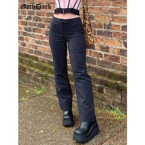 Goth Dark E-Girl Striped Print Gothic Suit Pants Black Slim High Waist Zipper Front Trousers Women Autumn Fashion Streetwear