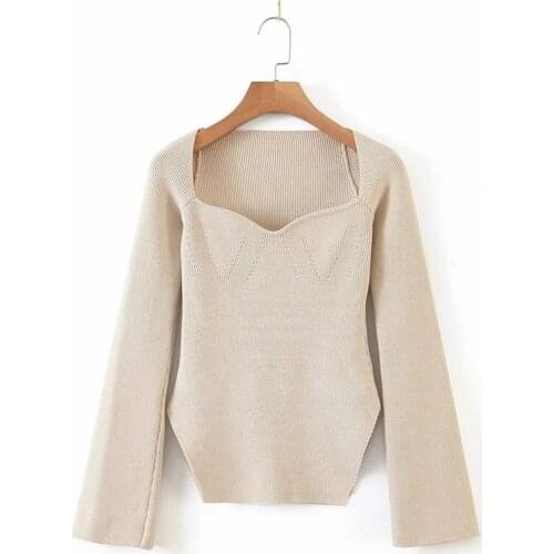 Spring Autumn Acrylic Womens Sweater Square Collar Long Sleeve Pullover Knitted Solid Fashion Office Lady Sweater