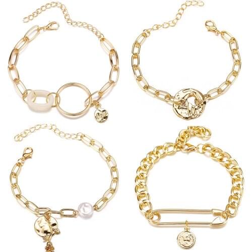 Gold Color Baroque Pearl Metal Link Chain Bracelet Fashion Portrait Coin Paper Clip Charm Bracelet for Women Pulseras Mujer 2020