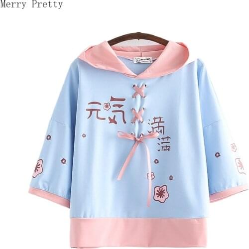 Women Hooded Sweatshirts 2021 Summer Sweet Style Girl Cartoon Print Lace Up Pullover Hoodies Clothes Half Sleeve Casual Top