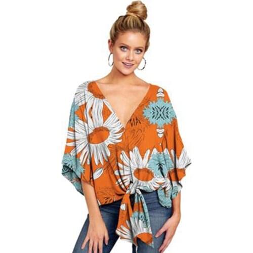 Summer Bow Pullover Top Crop Casual Loose Women Batwing Sleeve Deep V Shirts Femme Print Tie Cotton Irregular Pullovers Female