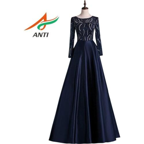 ANTI New Navy Blue Evening Dress Long Luxury Beaded Crystal Formal Gowns Pearls A-Line Wedding Party With Long sleeve