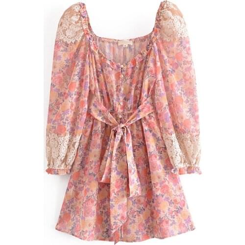 YENKYE Sexy Lace Trim Pink Print Floral Dress Women Long Sleeve With Belt Short Sundress Female Holiday Casual Summer Robe