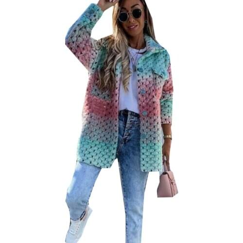 2021 Winter Thick Jacket Overcoat Women Vintage Gradient Wool Rainbow Outerwear Fashion Braided Twist Woolen Coats Female