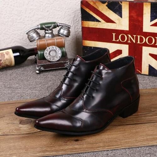 Christia Bella Winter Classic Pointed Toe Man Motorcyle Lace Up Short Boots Cow Leather Business Party Male Heighten Ankle Boots