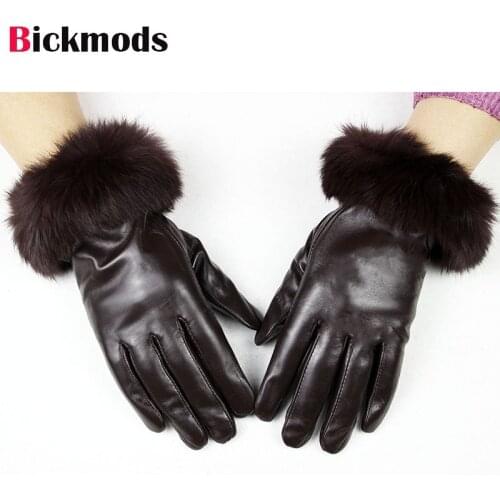 Sheepskin leather gloves womens rabbit fur thick velvet lining autumn and winter warm lady points leather gloves free shipping