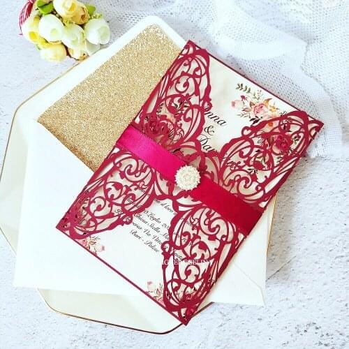 50pc Wedding Cards with Glitter Envelope and Rhinestone DIY Burgundy Laser Cut Personalized Print Invitations for Bridal Shower