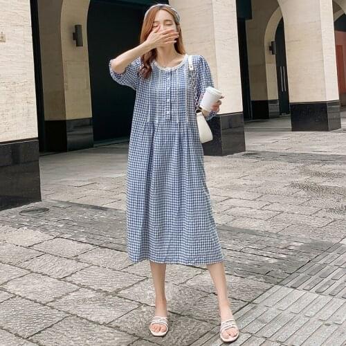 8098# Summer Korean Fashion Plaid Maternity Long Dress Elegant A Line Slim Waist Loose Clothes for Pregnant Women Pregnancy