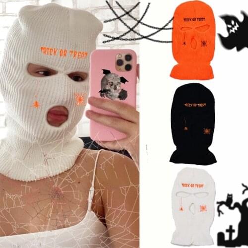 Unisex Balaclava Halloween Mask Hats Winter Windproof Knit Cap Spider Embroidery Caps Party Ski Cycling Keep Warm Sports Beanies