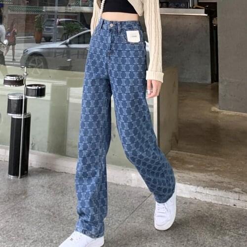 Spot Chinese new womens pants personality fashion street printing high waist loose wide leg jeans Harlan pants