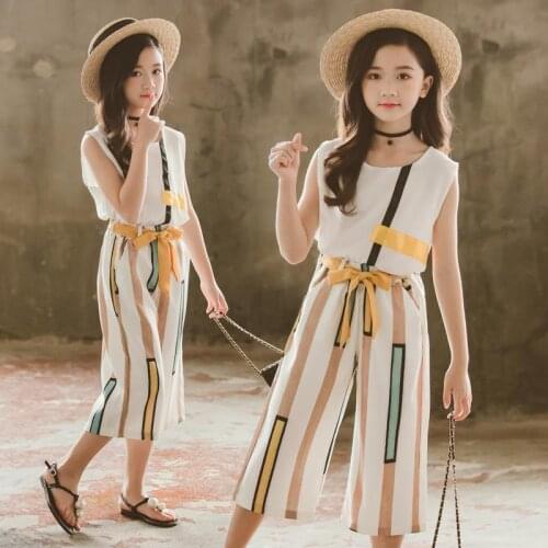 Kids Girls Summer Clothing Set Sleeveless Clothes For Children Striped Clothes Suit For Girls 6 8 10 12 Years Teen Girl Clothing