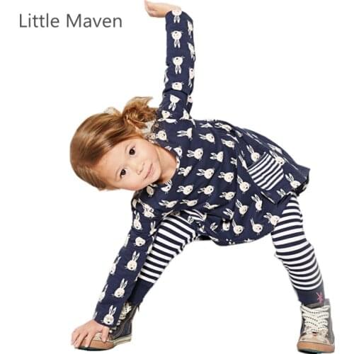 Little Maven Brand New Girls Autumn Spring Long-sleeved O-neck Fashion Rabbits Printed Cotton Cute Casual Dresses