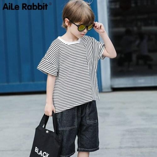 2019 Spring Summer Striped Short Sleeve T-Shirt Shorts 2 Piece Set Boy Fashion Clothes Set Letter Jeans Set For Boys 3-12 Years