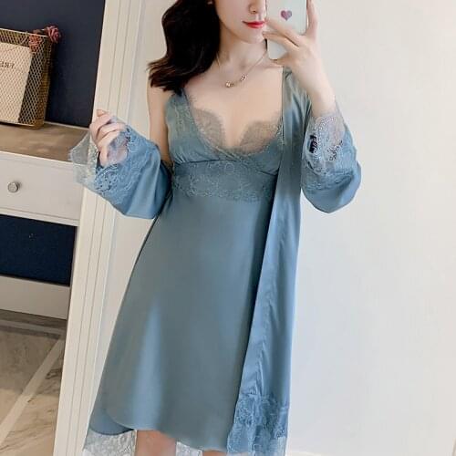 2PCS Kimono Robe Gown Sexy Women Nightwear Suit Bathrobe V-neck Mini Casual Sleepwear Bridal Wedding Intimate Lingerie Sets