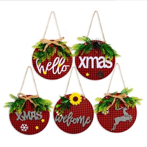 2021 New Christmas Plaid Cloth Wooden Doorplate Door Hanging Ornament Christmas Tree Decor Christmas Decoration for Home Navidad