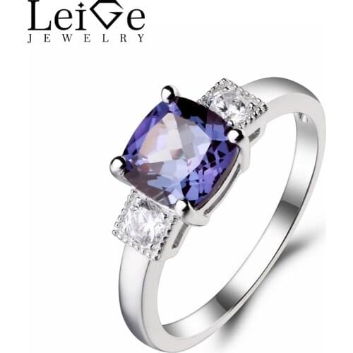 Leige Jewelry Engagement Ring Lab Alexandrite Ring June Birthstone Color Changing Gemstone Cushion Cut Real 925 Sterling Silver