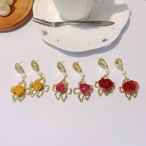 Origin Summer Korean Red Flower Dangle Earring for Women Girls Gold Color Metallic Hollow Irregular Geometric Earring Jewellery