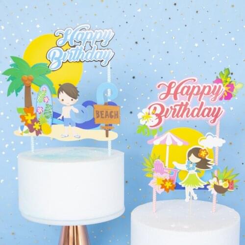Beach Surf Boy Girl Cake Toppers Happy Birthday Flower Laser Ball Decoration for Children Kid Baby Party Supplies Lovely Gifts