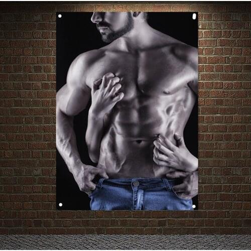 Sexy Muscular Naked Man And Female Hands On A Dark Background Posters Wall Art Banner Flag Canvas Painting Tapestry Home Decor 1