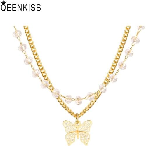 QEENKISS NC731 Fine Jewelry Wholesale Fashion Woman Girl Birthday Wedding Gift Butterfly Double-layer 18KT Gold Pendant Necklace