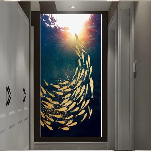 Modern Abstract Golden Fishes Wall Art Canvas Painting Landscape Ocean Posters and Prints Wall Pictures for Living Room Decor